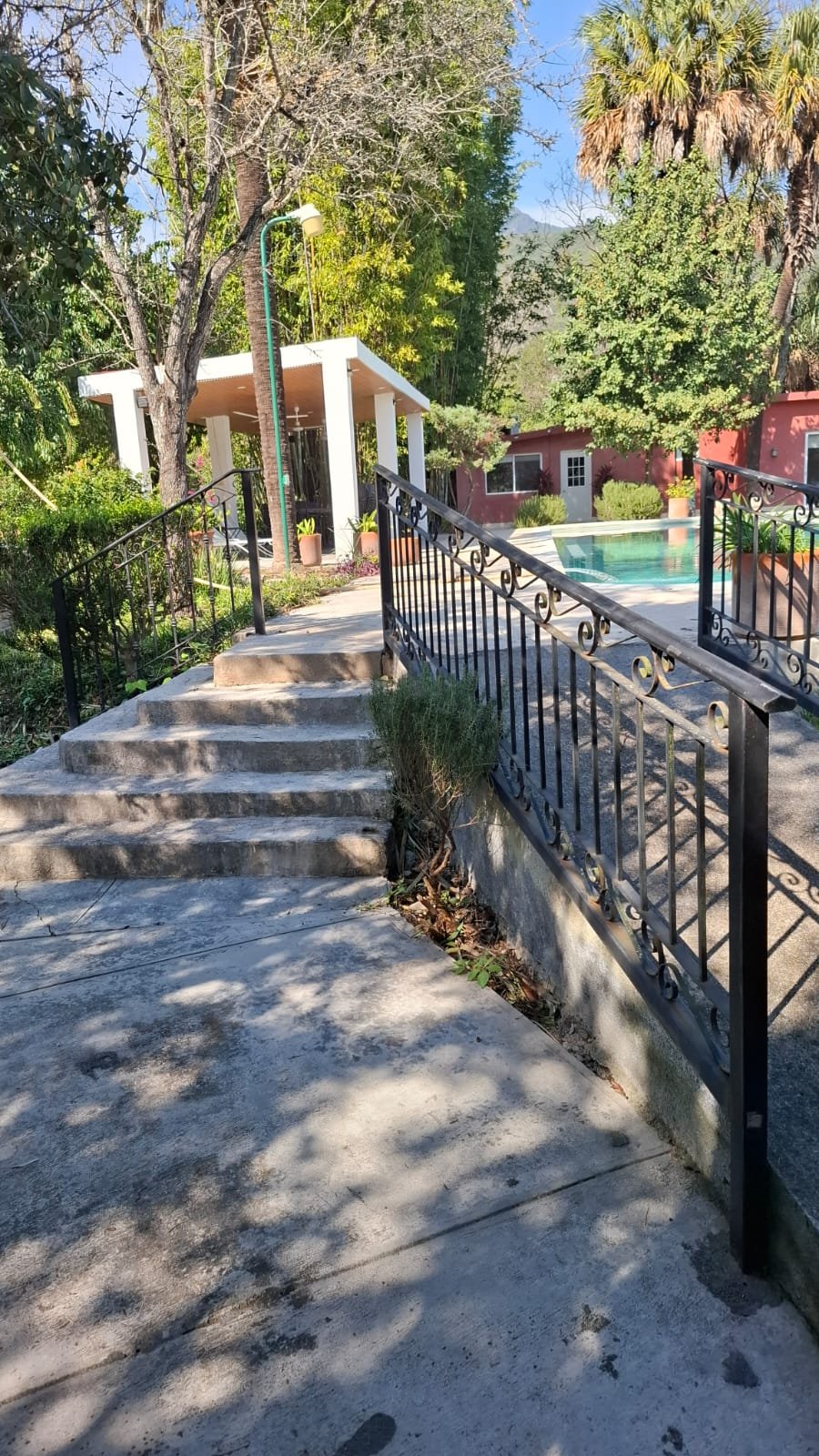Alberca con palapa y jardines